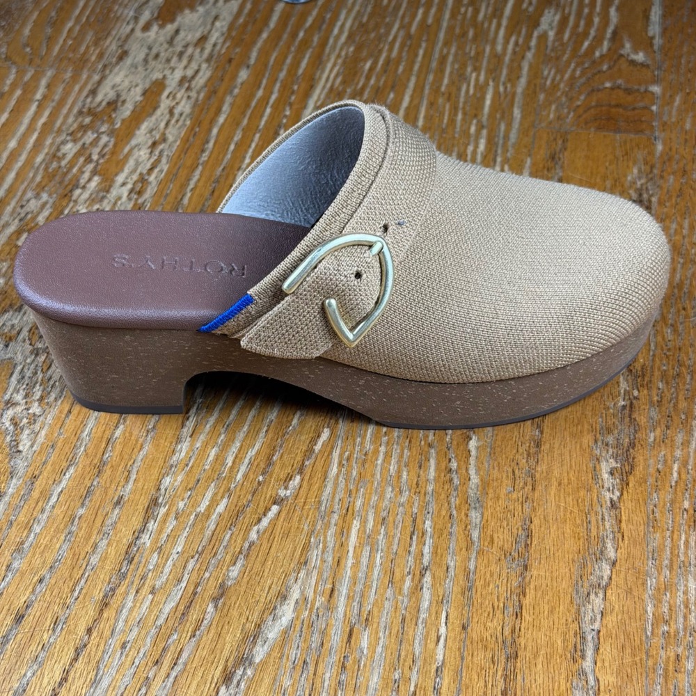 Rothys The Clog Sesame Tan Knit Platform Buckle Mules Shoes Womens 7